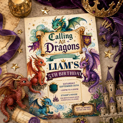 Calling All Dragons 5th Birthday Invitation in cream and green