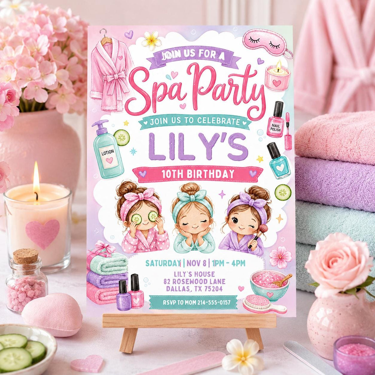 Spa Party 10th Birthday Invitation with Pamper Girls — print-ready 10th birthday party design from VoltBy