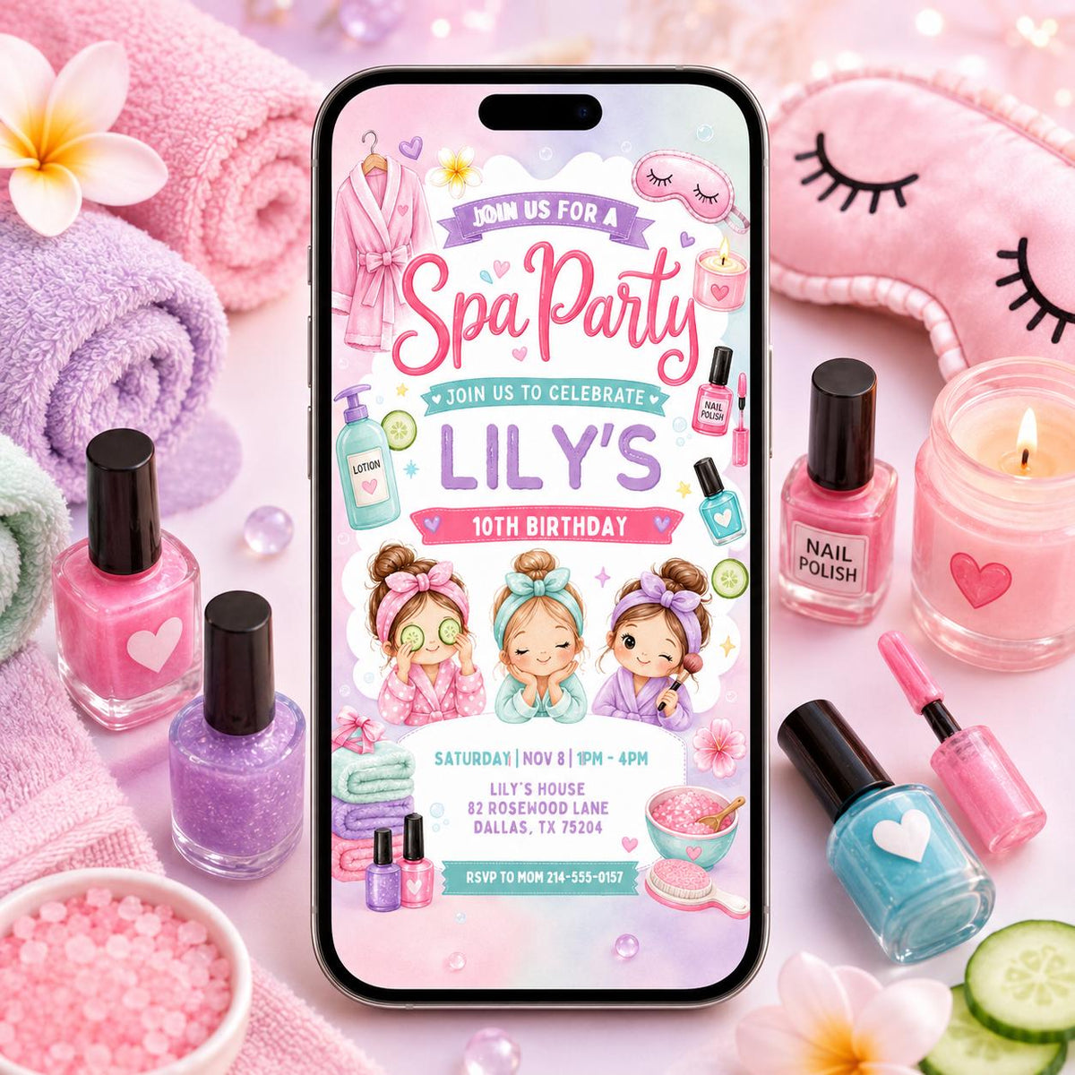 Spa Party 10th Birthday Invitation with Pamper Girls — 10th birthday party stationery by VoltBy