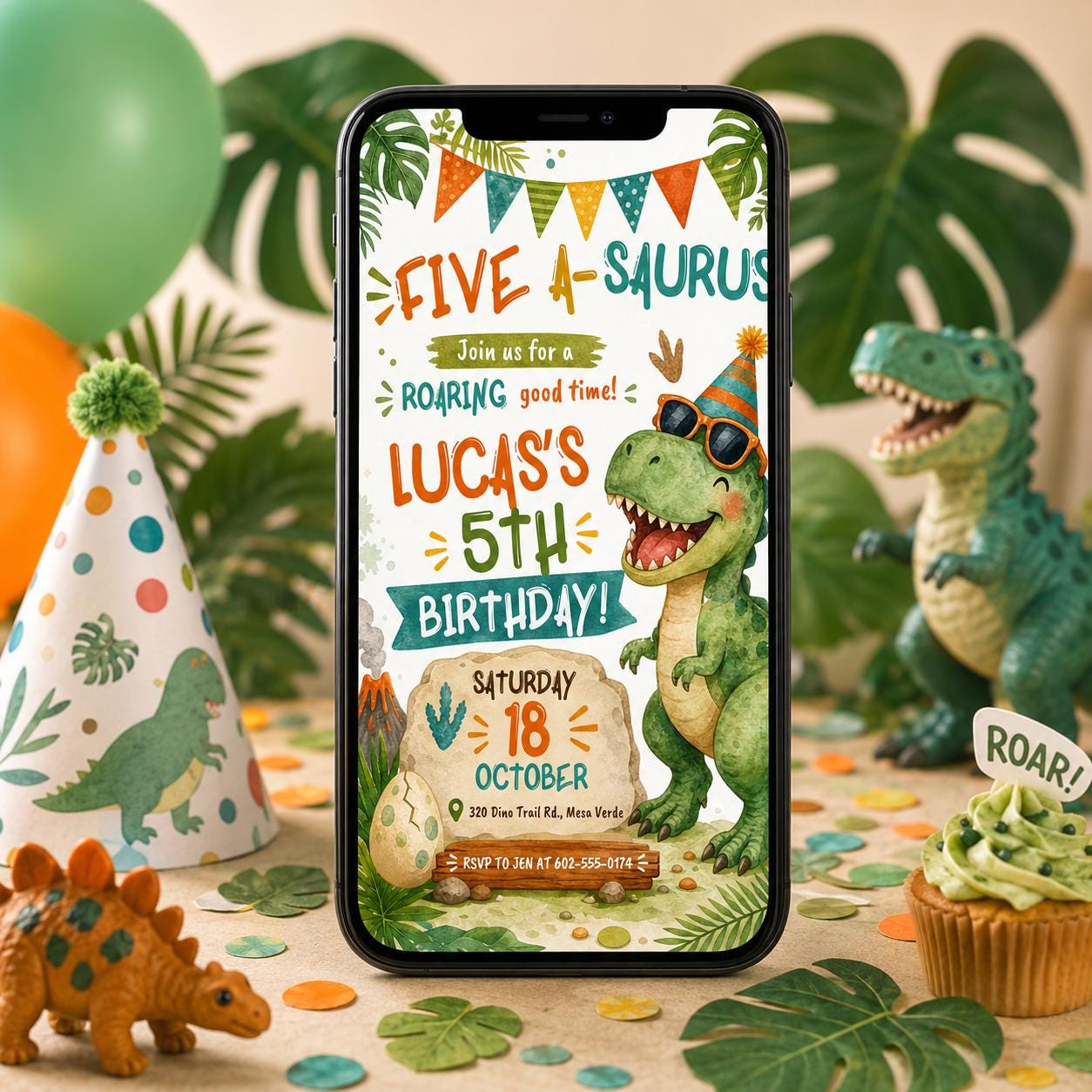 Five A-Saurus Birthday Invitation, Dinosaur Birthday Invitation, T-rex Birthday Invite, Dinosaur 5th Birthday Party Invite, Editable Canva __etsy:8009013942
