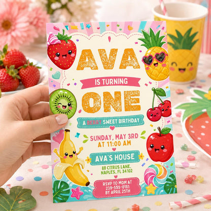 Fruit First Birthday Invitation, Editable Dancing Fruit, Kids Birthday Party, Hey Bear Sensory Invitation, Hey Bear Birthday, Canva Template __etsy:8009014682