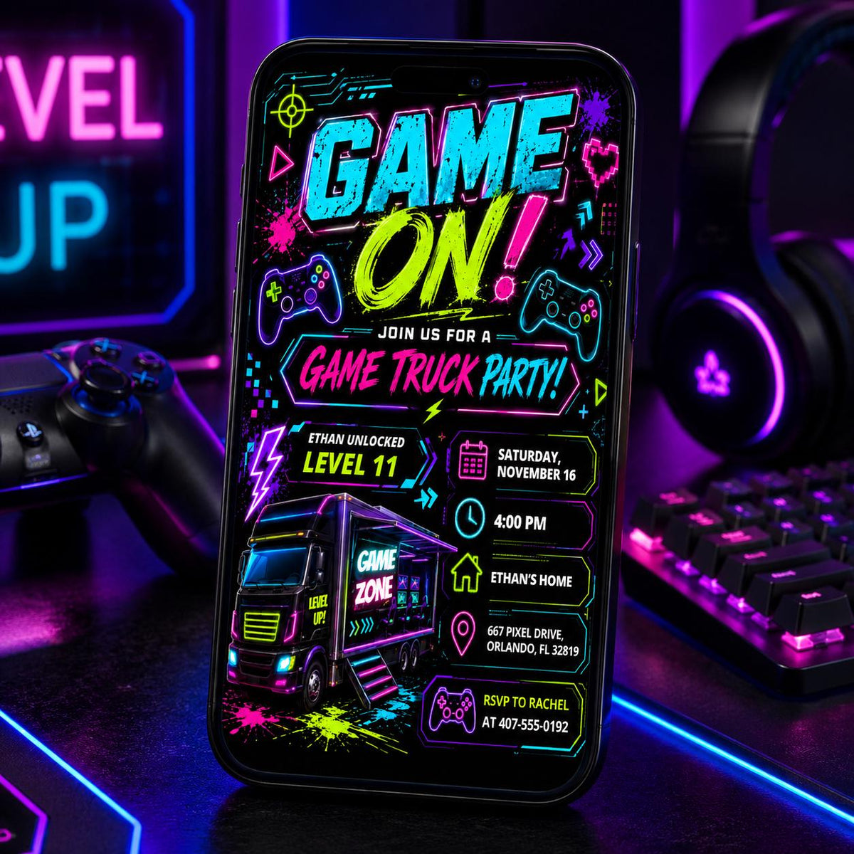 Game On Video Game Truck 11th Birthday Invitation — invitation you personalize in Canva