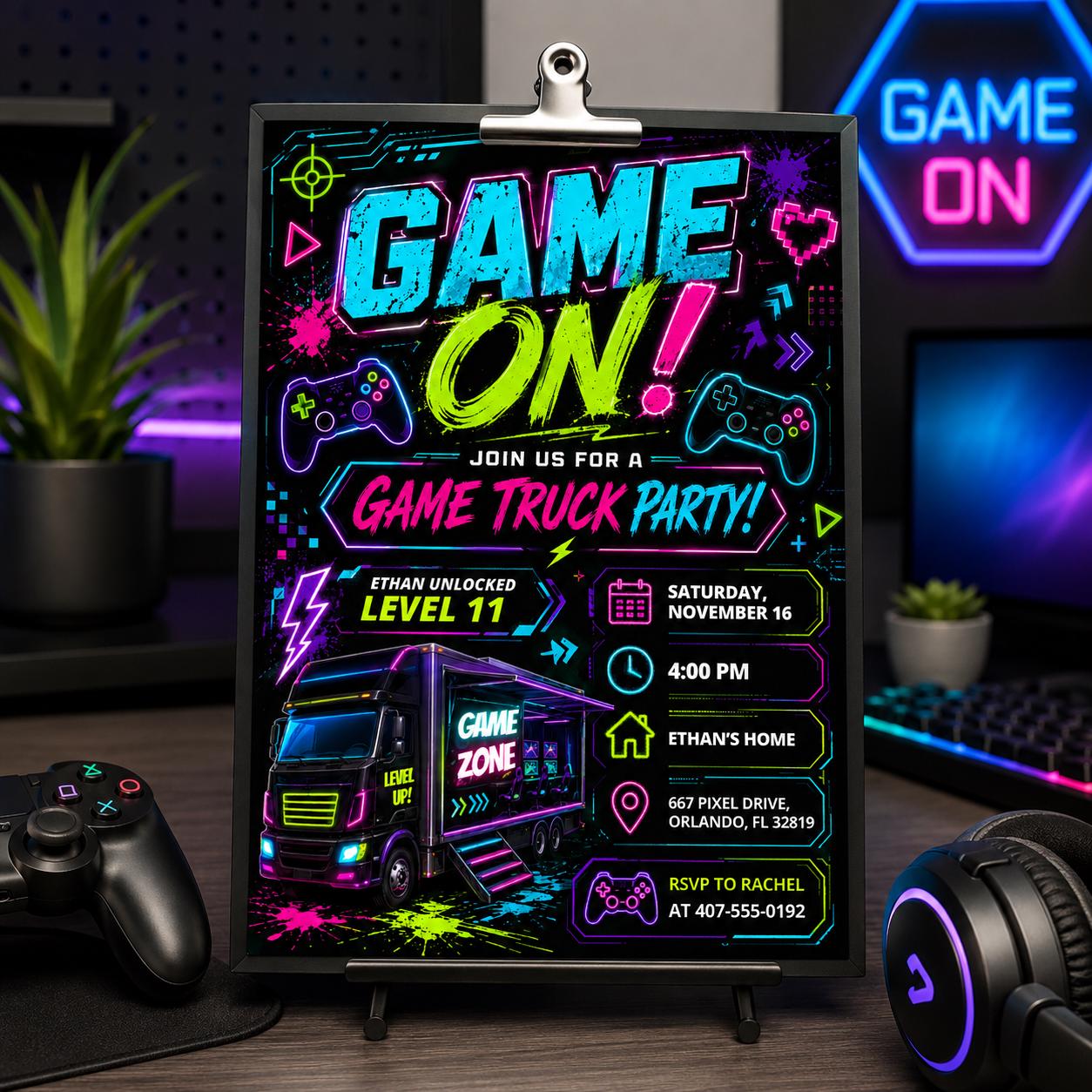 Video Game Truck Birthday Invitation, Neon Gamer Truck Party Invite, Gaming Bus Birthday Invites, Gaming Truck for Boys, Editable Canva __etsy:8010742272