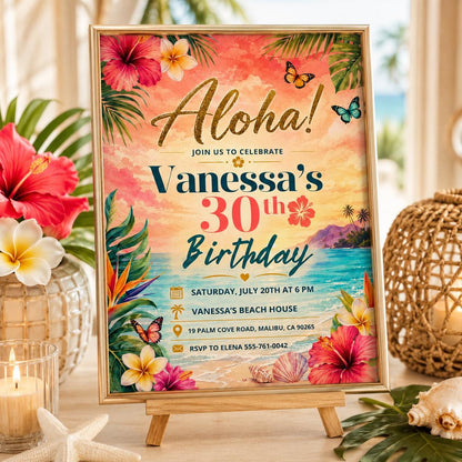 Aloha party invitation, Luau birthday, printable editable girl invite template, Pineapple invitation, Tropical Aloha 30th party, Canva __etsy:8010743398