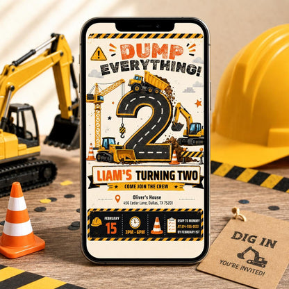 Dump Everything Construction 2nd Birthday Invitation — digital invitation, instant download