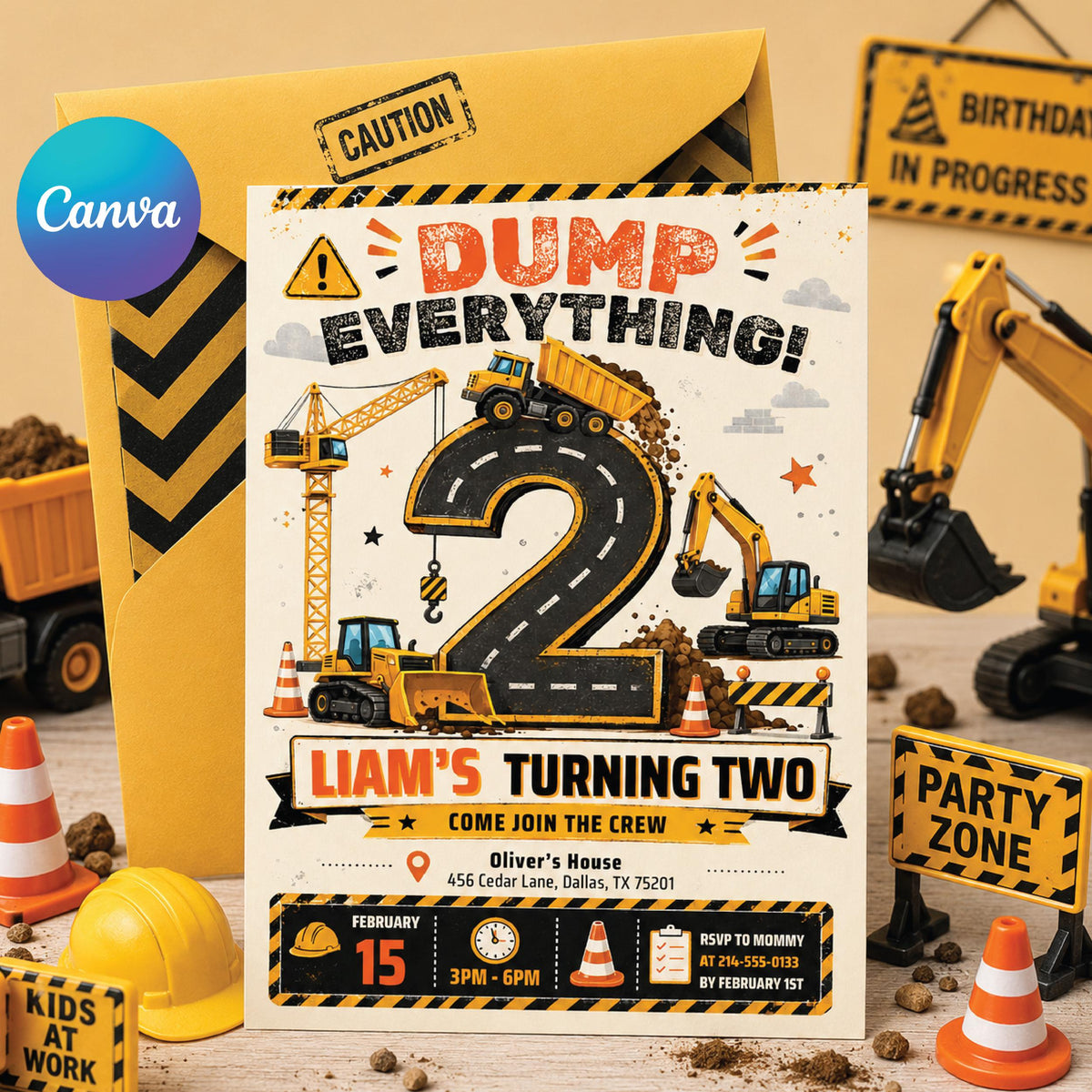 Dump Everything Construction 2nd Birthday Invitation — editable Canva template