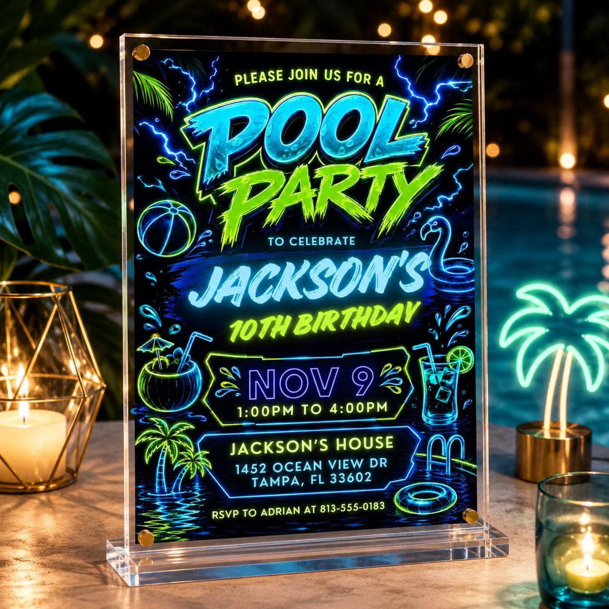 Neon Pool Party 10th Birthday Invitation in Blue and Green — invitation you personalize in Canva