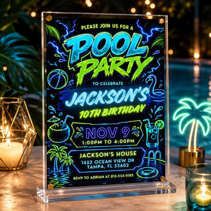 Neon Pool Party 10th Birthday Invitation in Blue and Green — invitation you personalize in Canva