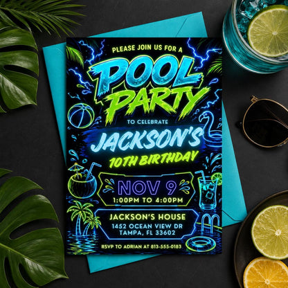 Neon Pool Party 10th Birthday Invitation in Blue and Green — digital invitation, instant download