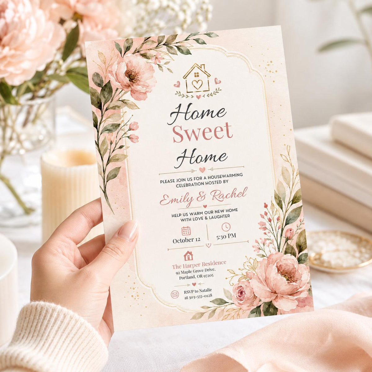 Home Sweet Home Housewarming Invitation with Pink Flowers — print-ready housewarming design from VoltBy