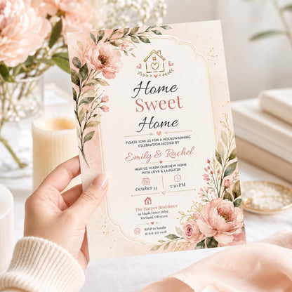 Home Sweet Home Housewarming Invitation with Pink Flowers — print-ready housewarming design from VoltBy