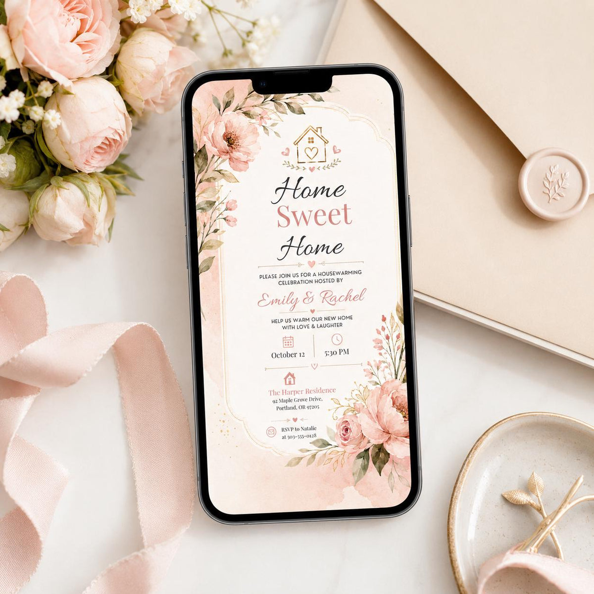 Home Sweet Home Housewarming Invitation with Pink Flowers — digital invitation, instant download