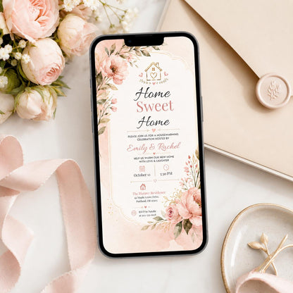 Home Sweet Home Housewarming Invitation with Pink Flowers — digital invitation, instant download