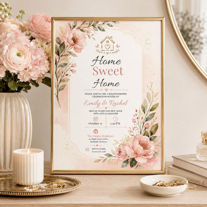 Home Sweet Home Housewarming Invitation with Pink Flowers — design view 2