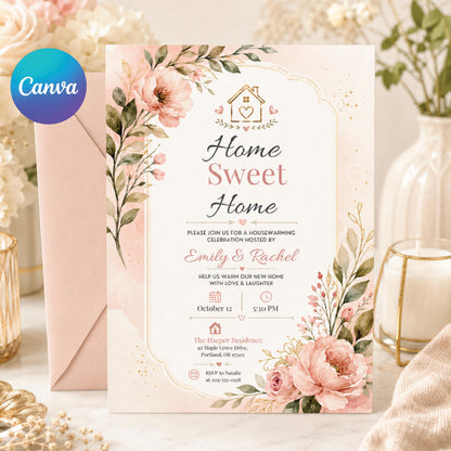 Home Sweet Home Housewarming Invitation with Pink Flowers — editable Canva template