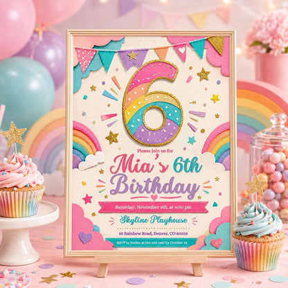6th Birthday Invitation Girl, Rainbow Sequin Clouds Stars  Invite for Girls Party, Girls Pink Birthday Invite, Editable Canva Template __etsy:8011103760