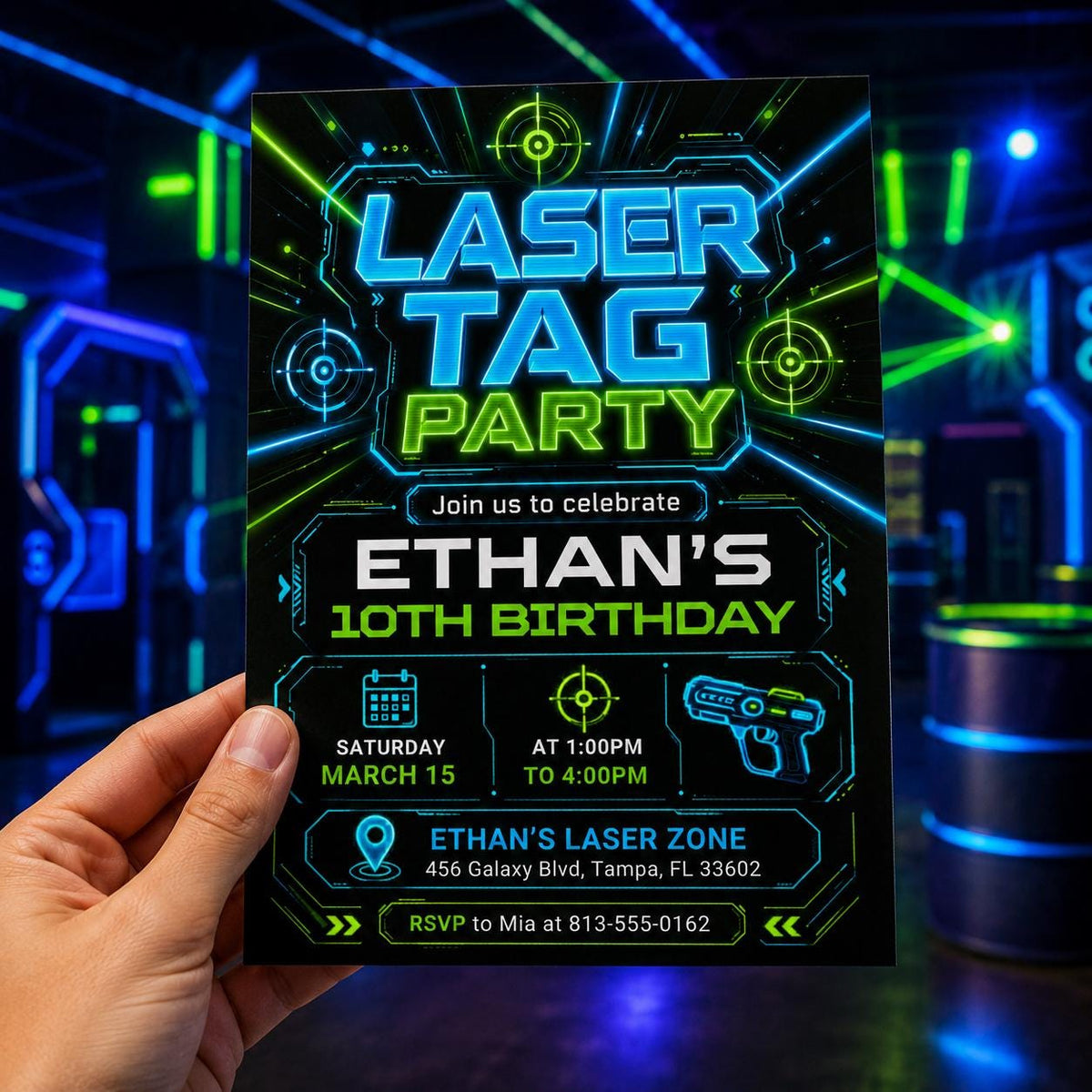 Neon Laser Tag 10th Birthday Invitation in Blue and Green — invitation you personalize in Canva