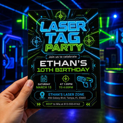 Neon Laser Tag 10th Birthday Invitation in Blue and Green — invitation you personalize in Canva