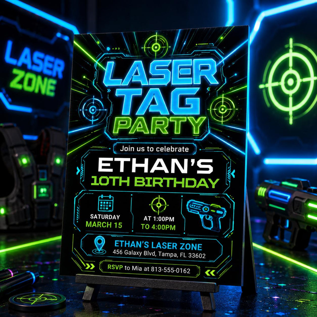 Neon Laser Tag 10th Birthday Invitation in Blue and Green — 10th birthday party stationery by VoltBy