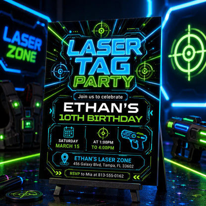 Neon Laser Tag 10th Birthday Invitation in Blue and Green — 10th birthday party stationery by VoltBy