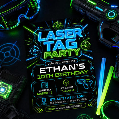 Neon Laser Tag 10th Birthday Invitation in Blue and Green — digital invitation, instant download