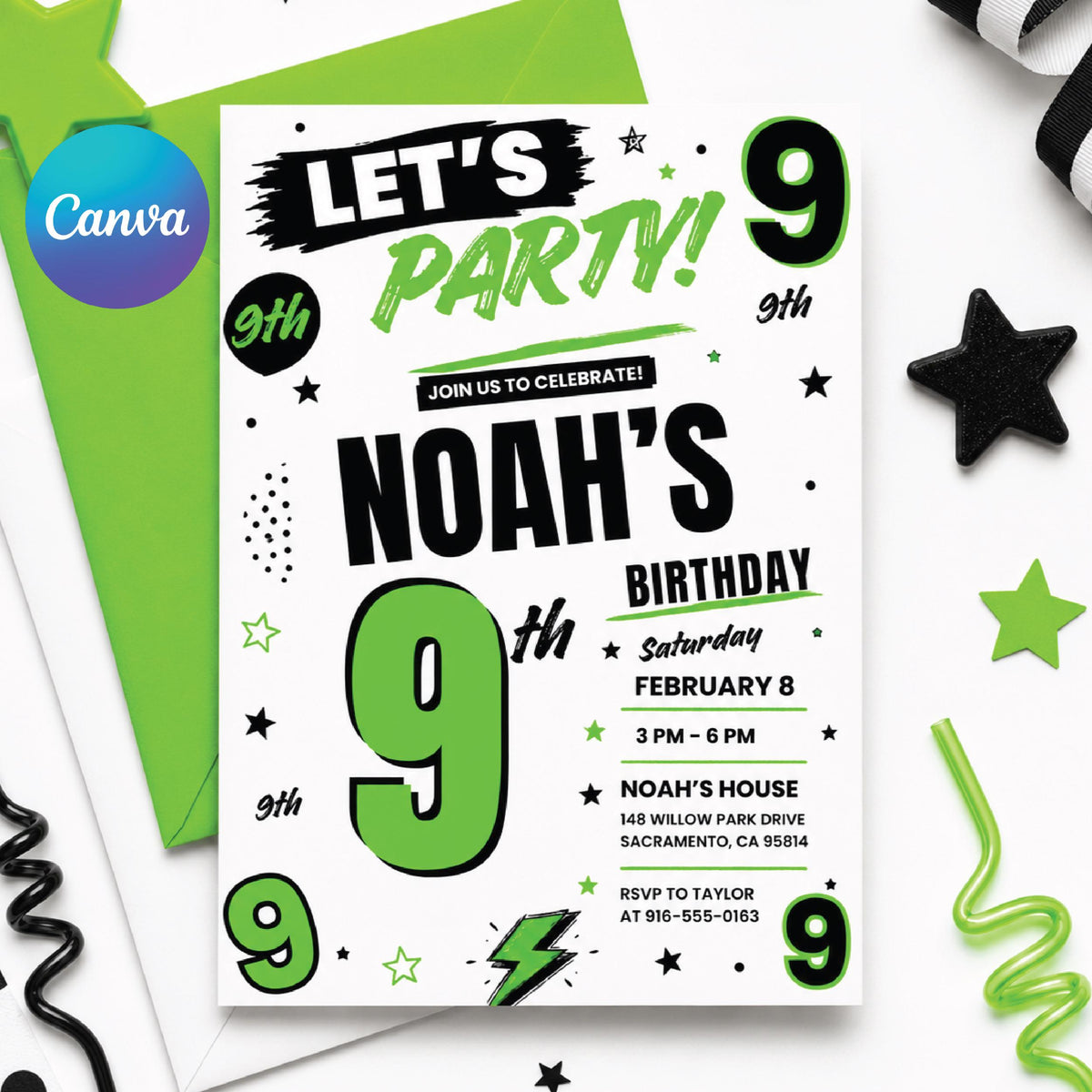 Green and Black Let's Party 9th Birthday Invitation — editable Canva template