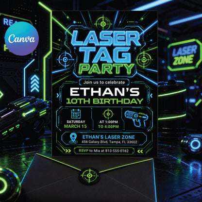 Neon Laser Tag 10th Birthday Invitation in Blue and Green — editable Canva template