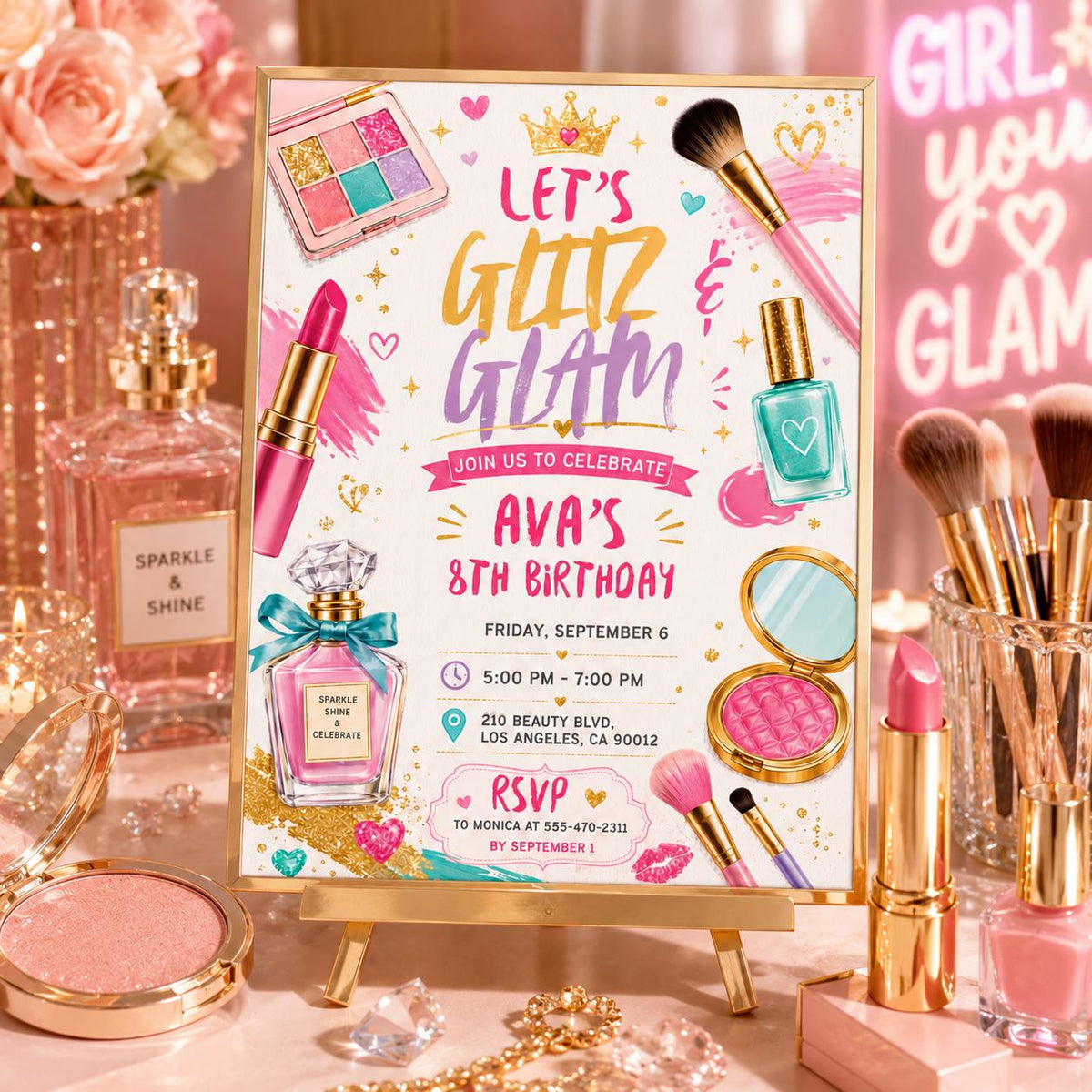 Glitz and Glam Makeup 8th Birthday Invitation — invitation you personalize in Canva