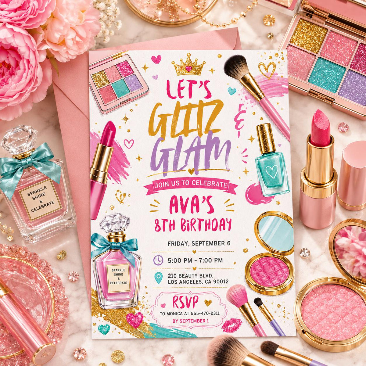Glitz and Glam Makeup 8th Birthday Invitation — editable Canva template