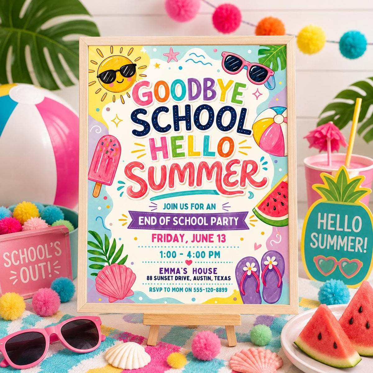 Goodbye School, Hello Summer Invitation — beach and watermelon design
