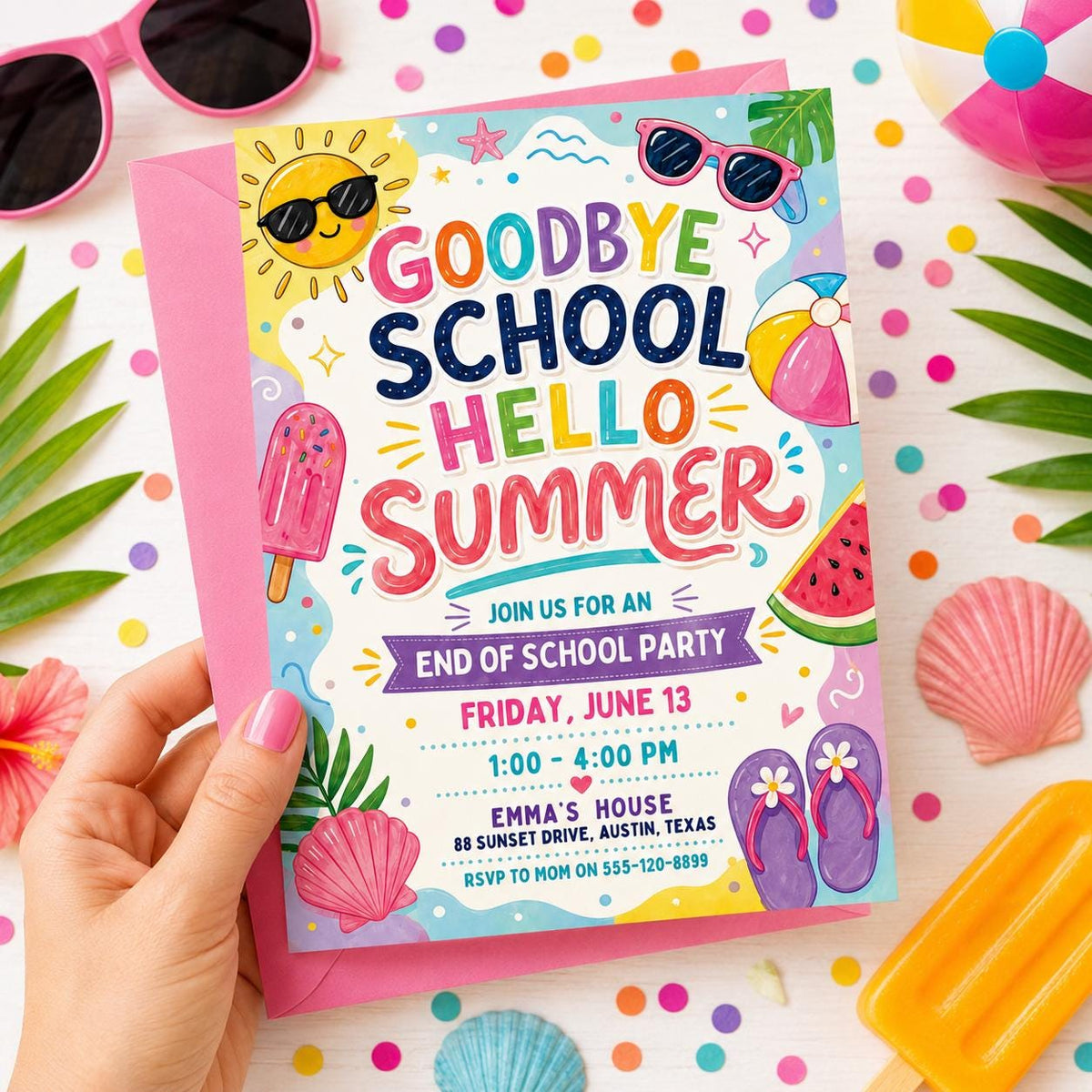 Goodbye School, Hello Summer Invitation — beach and watermelon artwork in blue and pink
