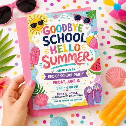 Goodbye School, Hello Summer Invitation — beach and watermelon artwork in blue and pink