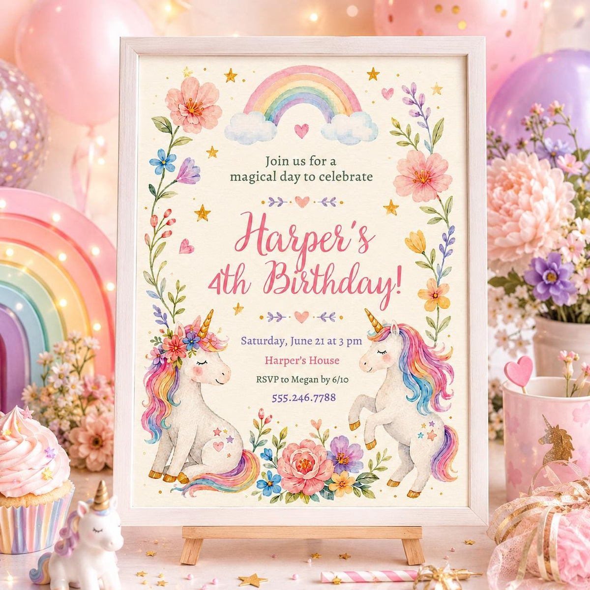 Watercolor Unicorn 4th Birthday Invitation with Flower Meadow — invitation you personalize in Canva