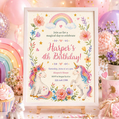 Watercolor Unicorn 4th Birthday Invitation with Flower Meadow — invitation you personalize in Canva