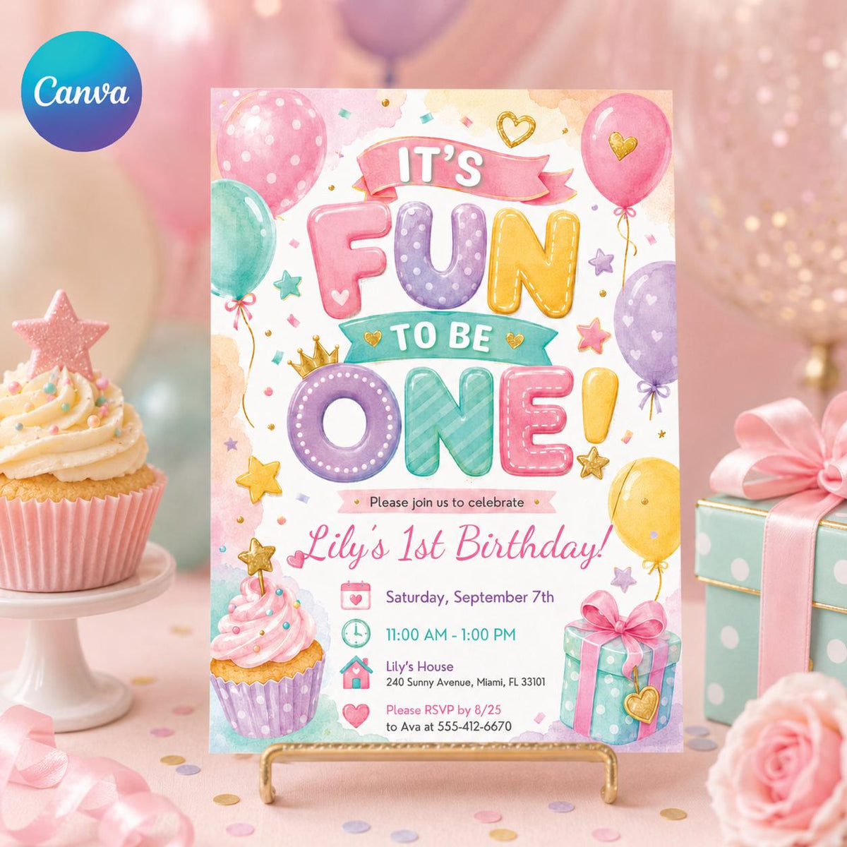 Pastel Fun to Be One First Birthday Invitation — balloon design