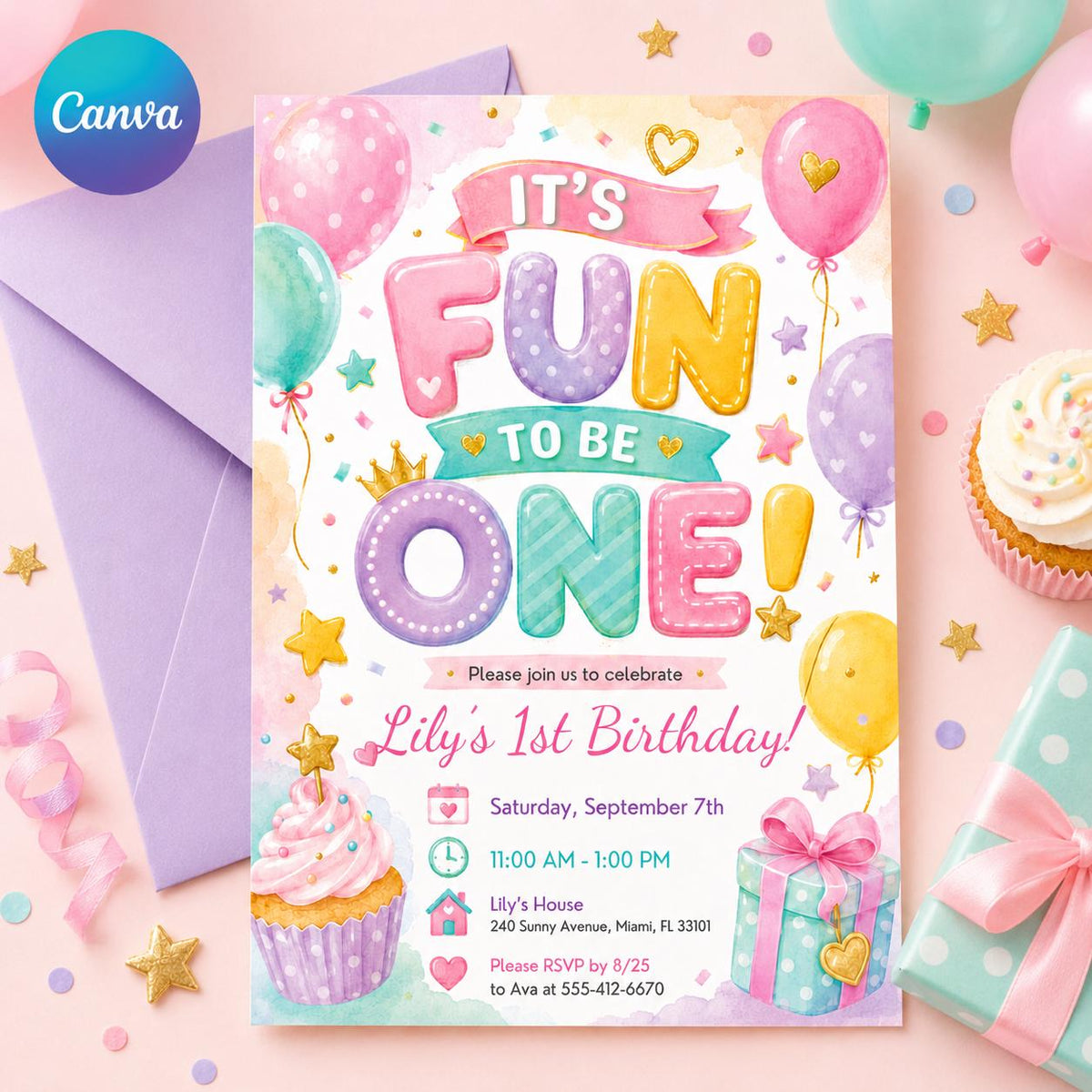 Pastel Fun to Be One First Birthday Invitation — invitation you personalize in Canva