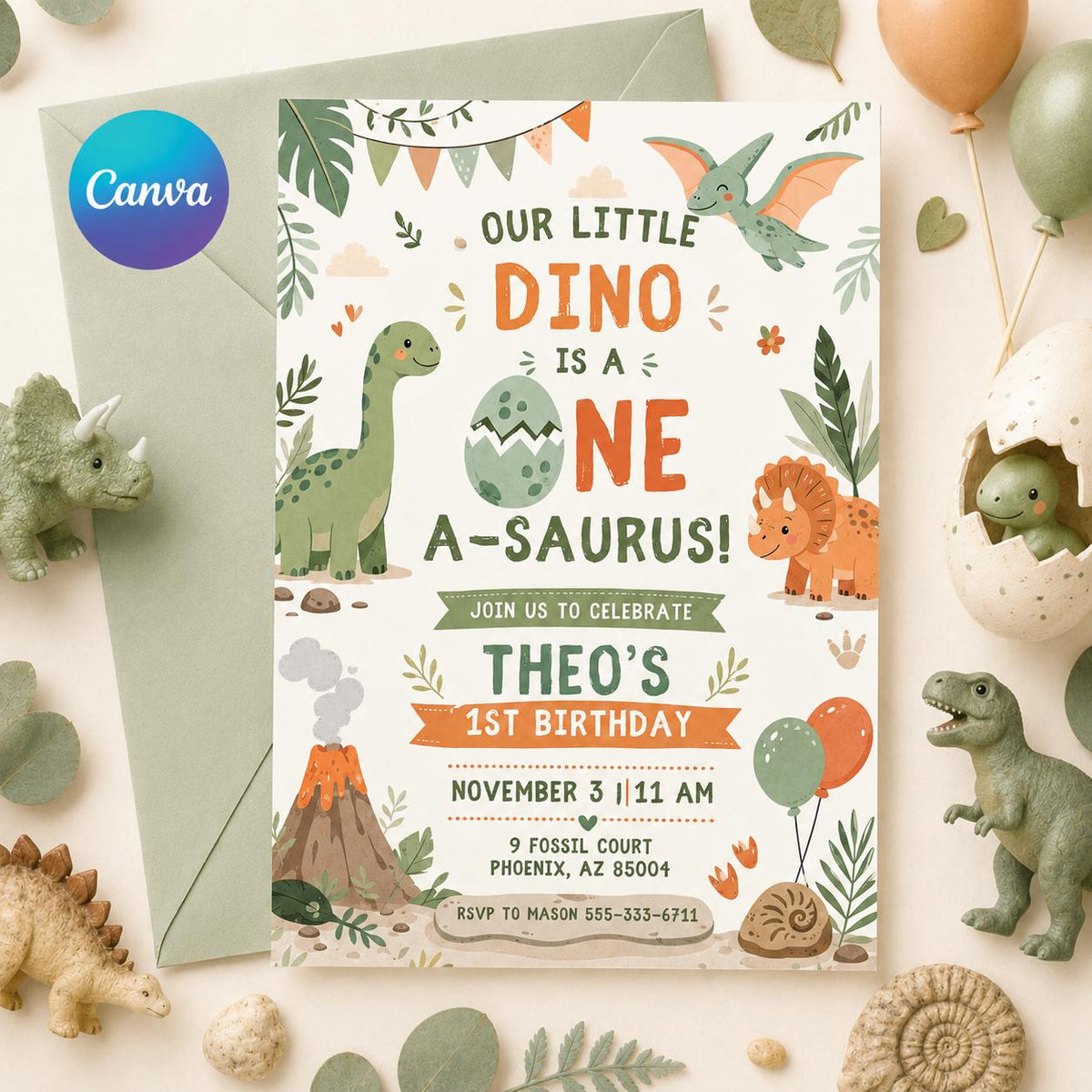 Dinosaur 1st Birthday Invitation: One Saurus Dinosaur 1st Birthday — editable Canva template