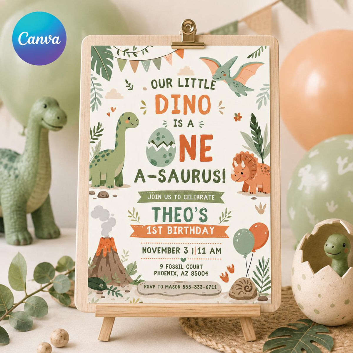 Dinosaur 1st Birthday Invitation: One Saurus Dinosaur 1st Birthday — first birthday stationery by VoltBy