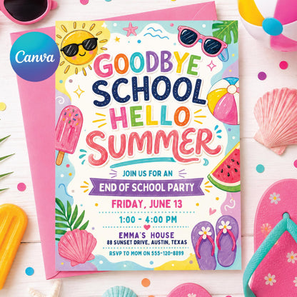 Goodbye School, Hello Summer Invitation — editable Canva template
