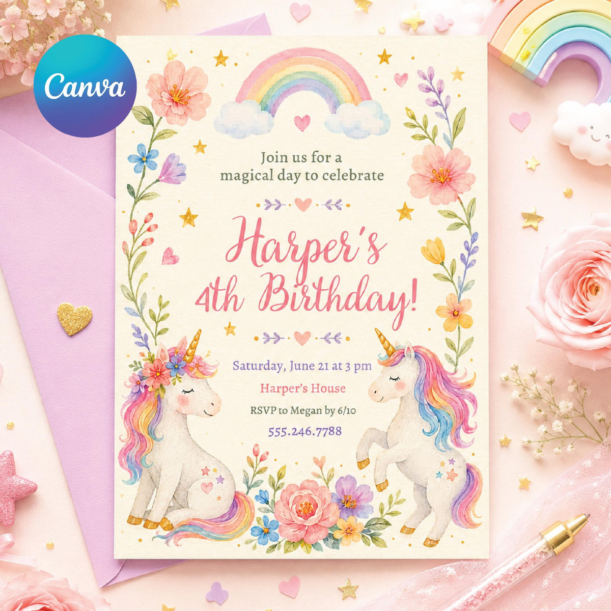Watercolor Unicorn 4th Birthday Invitation with Flower Meadow — editable Canva template