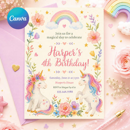 Watercolor Unicorn 4th Birthday Invitation with Flower Meadow — editable Canva template
