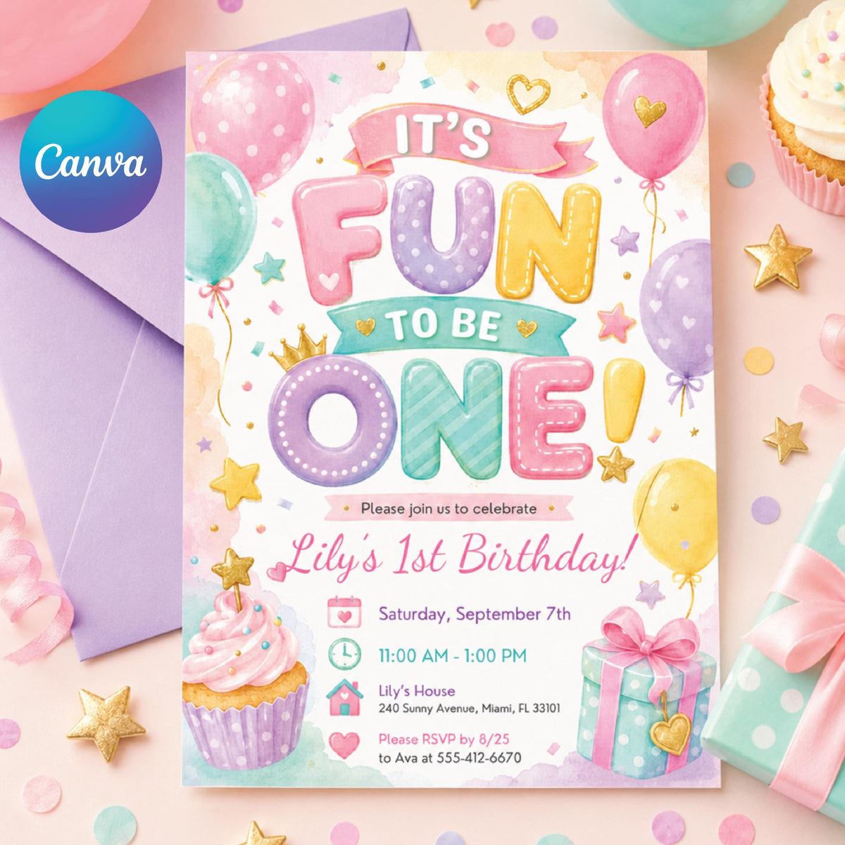 Pastel Fun to Be One First Birthday Invitation — editable Canva template
