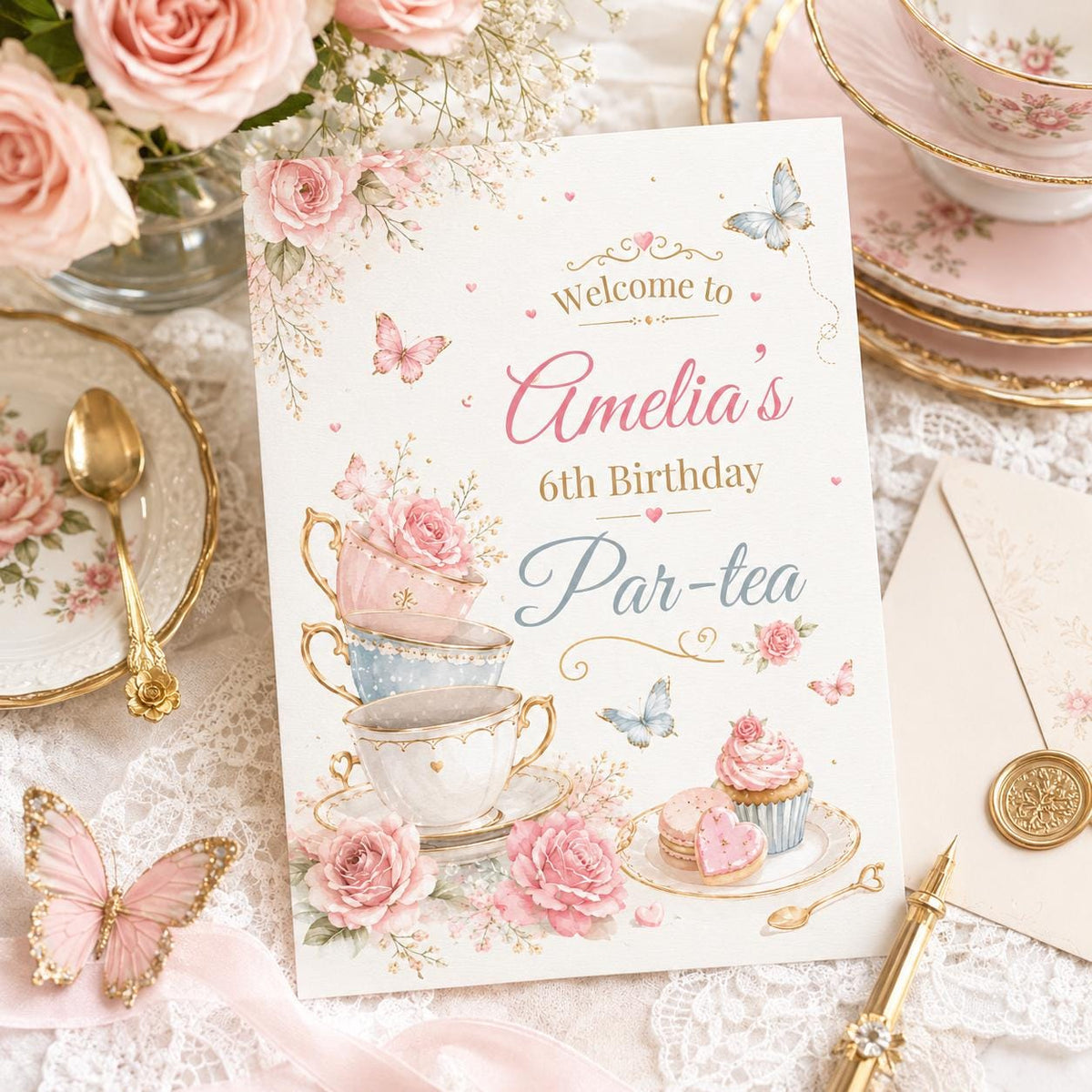Floral Tea Party 6th Birthday Invitation with Stacked Teacups — butterfly design