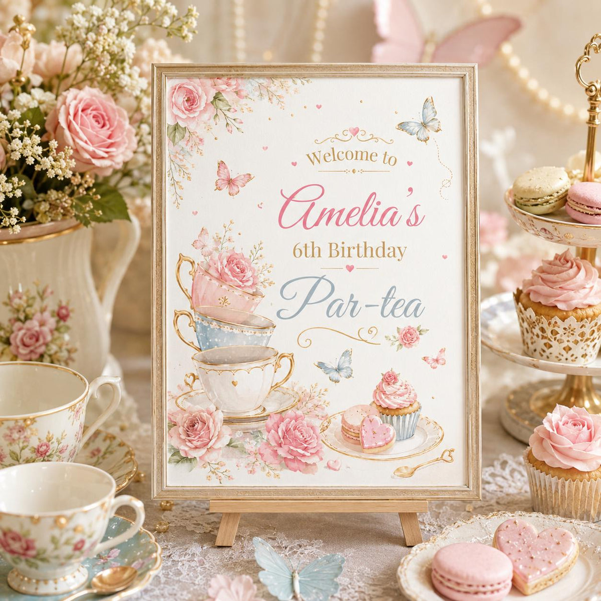 Floral Tea Party 6th Birthday Invitation with Stacked Teacups — invitation you personalize in Canva