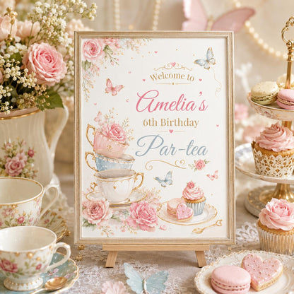 Floral Tea Party 6th Birthday Invitation with Stacked Teacups — invitation you personalize in Canva