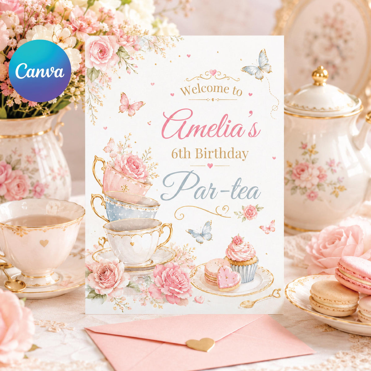 Floral Tea Party 6th Birthday Invitation with Stacked Teacups — editable Canva template