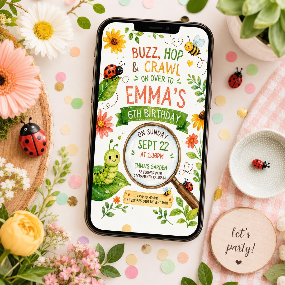 Buzz Hop and Crawl 6th Birthday Invitation with Smiling Bugs — invitation you personalize in Canva