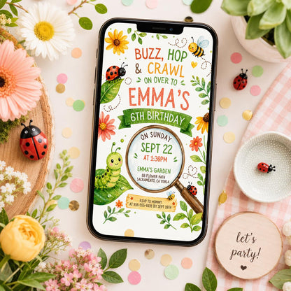 Buzz Hop and Crawl 6th Birthday Invitation with Smiling Bugs — invitation you personalize in Canva