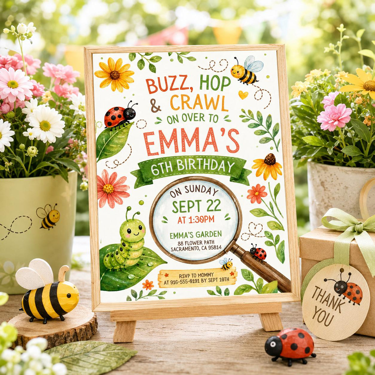 Buzz Hop and Crawl 6th Birthday Invitation with Smiling Bugs — print-ready 6th birthday party design from VoltBy