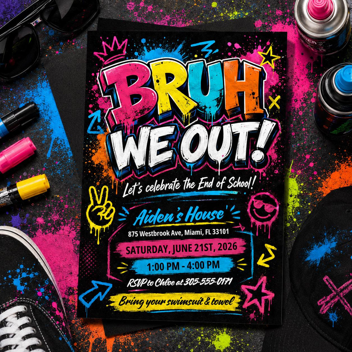 Colorful Bruh We Out End of School Pool Party Invitation — graffiti design